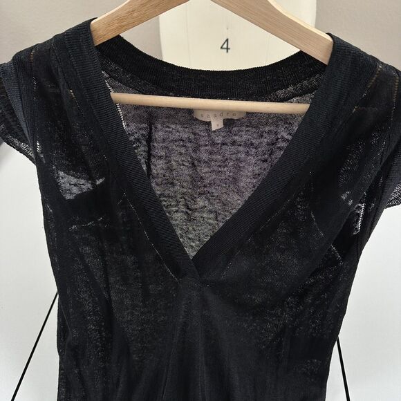 Sandro Black Linen Blend Knit Drawstring Waist V Neck Dress Womens Sz 1 US S - Picture 8 of 11